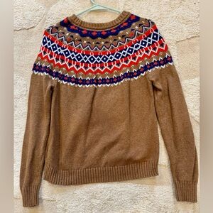 J. Crew Camel Sweater with Blue, Red, and White Fair Isle Pattern, Size S